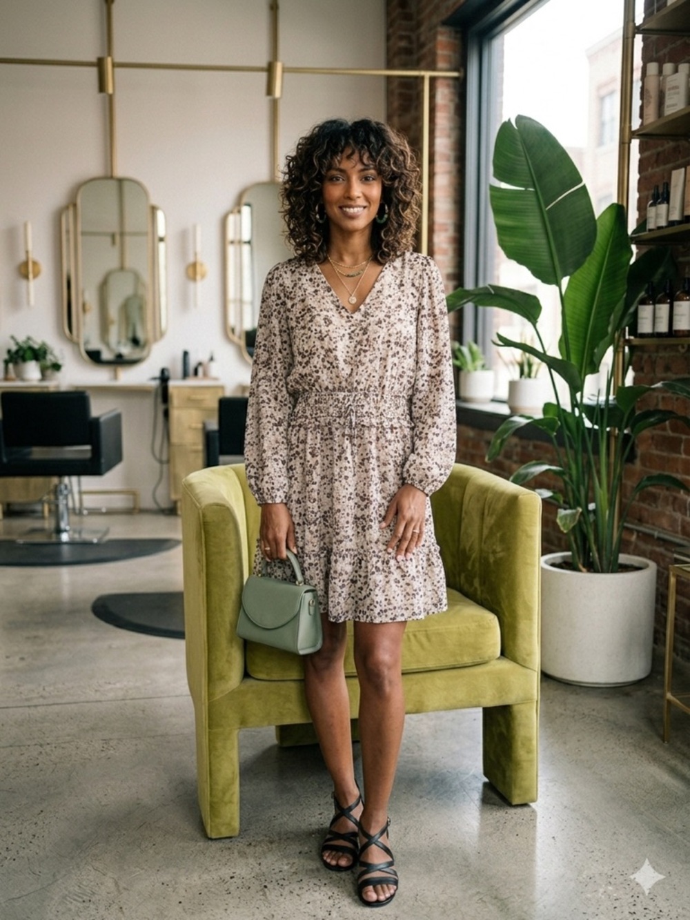 Maurices Beige Floral Long-Sleeve V-Neck Smocked Waist Dress